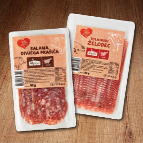 Narezek iz salame divjega prašiča in narezek iz tolminskega želodca, 80 g, trgovska znamka Radi imamo domače